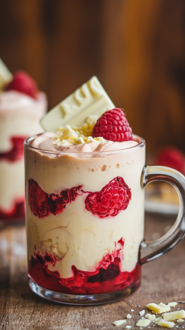 A layered Raspberry White Chocolate Mocktail topped with fresh raspberries and white chocolate pieces.