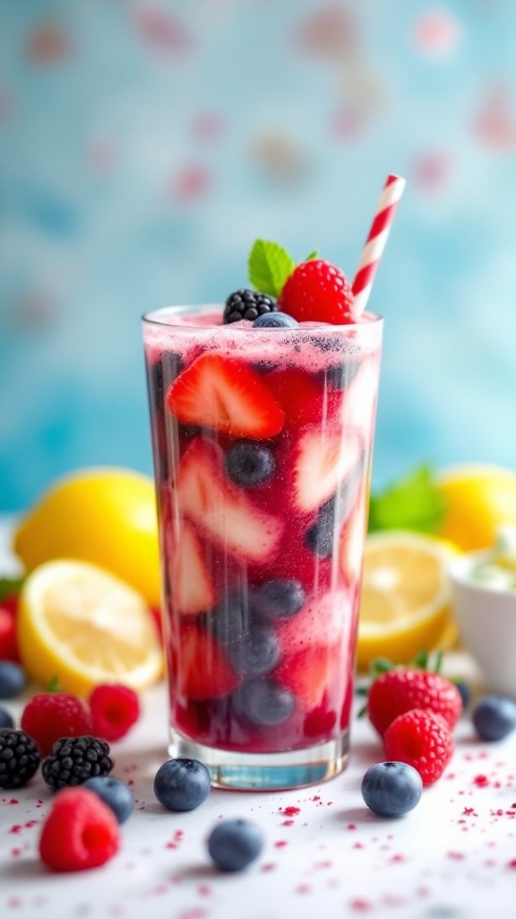 A refreshing red berry lemonade mocktail with strawberries, blueberries, and raspberries, garnished with a mint leaf.