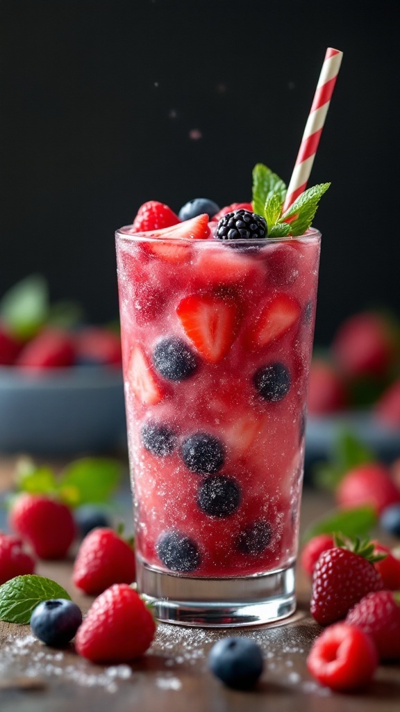 A refreshing Red Berry Spritz Mocktail with strawberries and blueberries, garnished with mint.