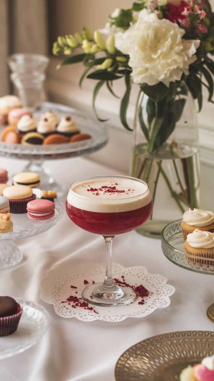 A beautifully presented Red Velvet Mocktail with a creamy top, surrounded by an assortment of sweet treats.