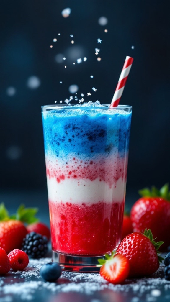 A vibrant red, white, and blue layered mocktail with a straw, surrounded by fresh berries.