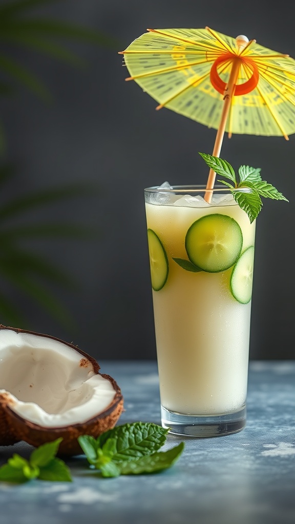 A refreshing glass of cucumber coconut juice with a yellow umbrella, surrounded by fresh mint and a coconut shell.
