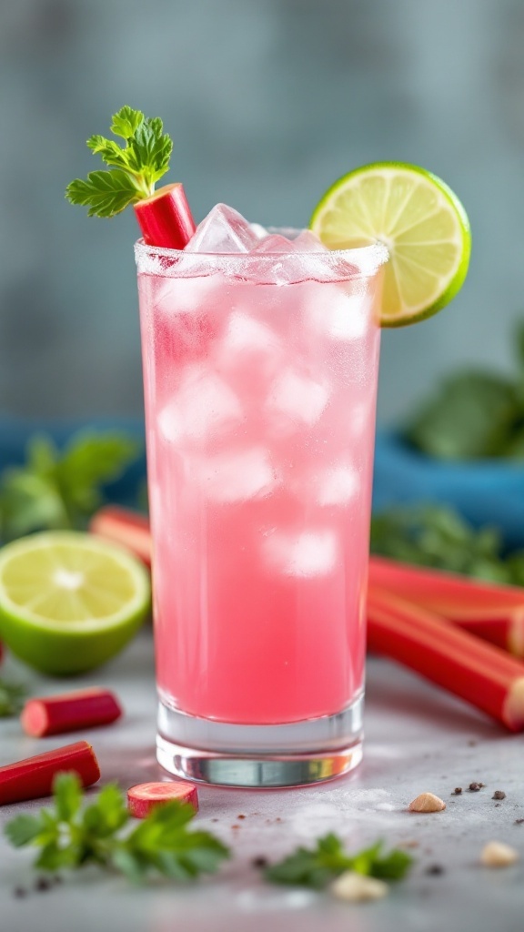 A colorful Rhubarb Cooler mocktail garnished with lime and rhubarb