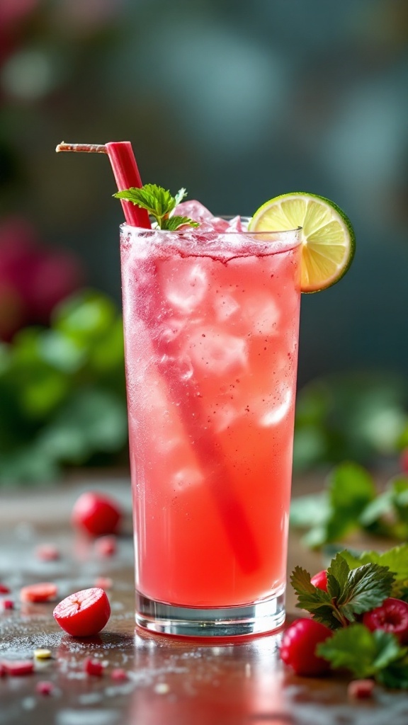 A vibrant Rhubarb Cooler mocktail garnished with lime and mint.