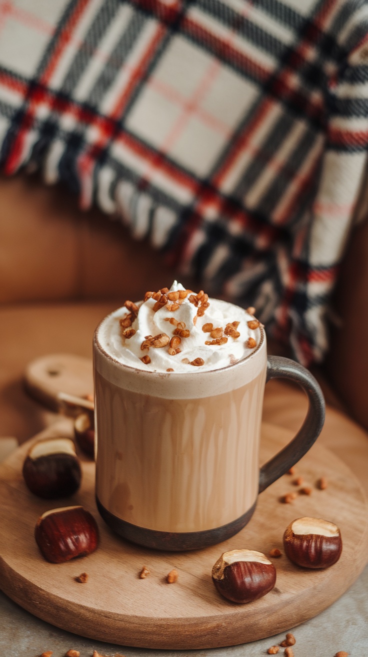 A mug of roasted chestnut latte topped with whipped cream and roasted chestnut pieces, surrounded by whole chestnuts and a plaid blanket.