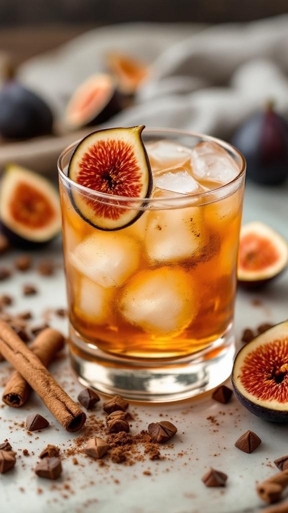 A glass of roasted fig cinnamon mocktail with ice, garnished with a slice of fig and surrounded by figs and cinnamon sticks.