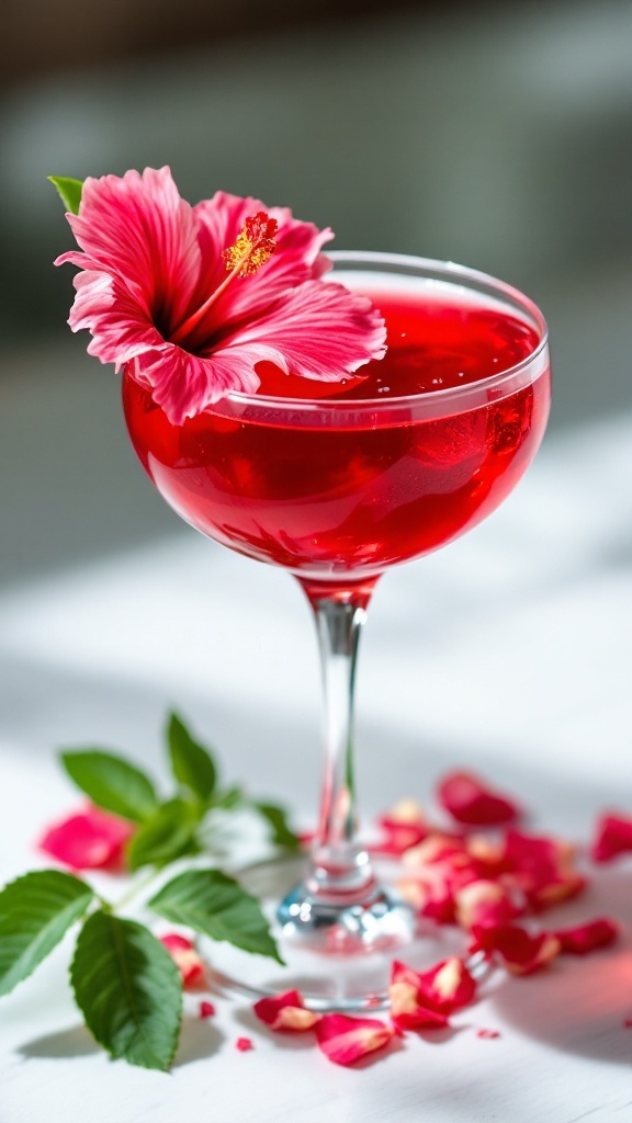 A beautiful Rose Hibiscus Elixir mocktail garnished with a pink hibiscus flower.