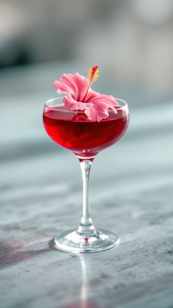 A stylish glass of Rose Hibiscus mocktail garnished with a pink hibiscus flower.