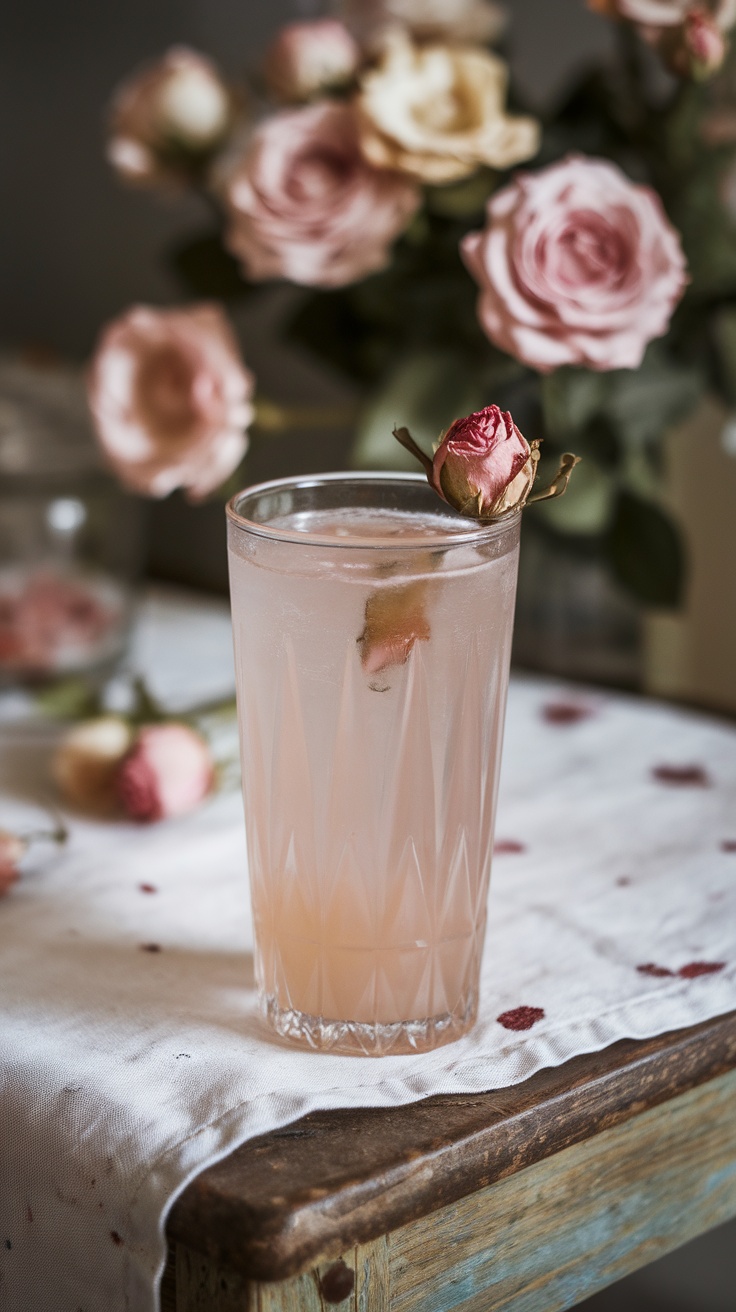 A glass of rose lemonade mocktail garnished with a rose bud, surrounded by pink roses.