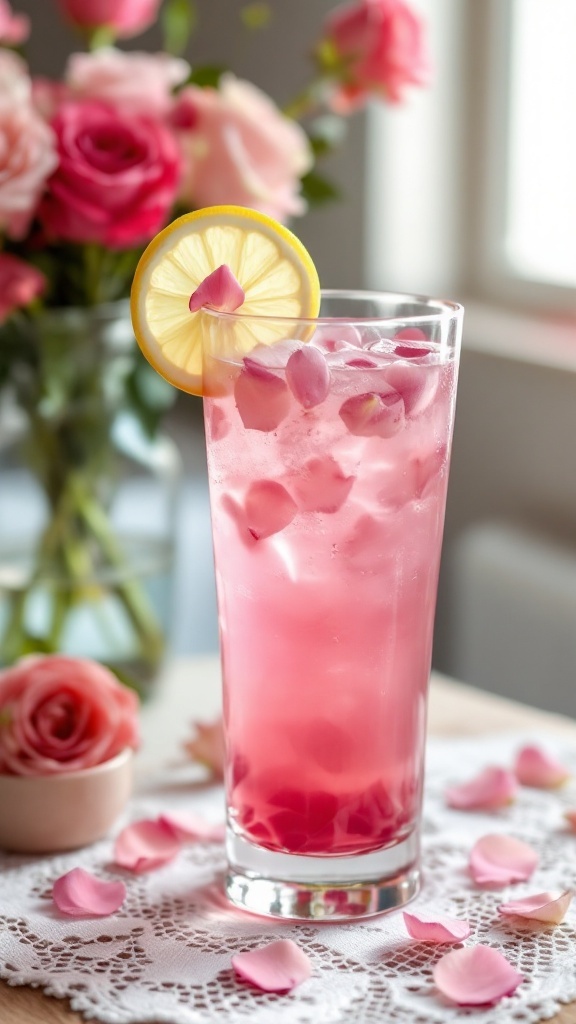 A glass of rose petal lemonade mocktail garnished with a lemon slice and rose petals.