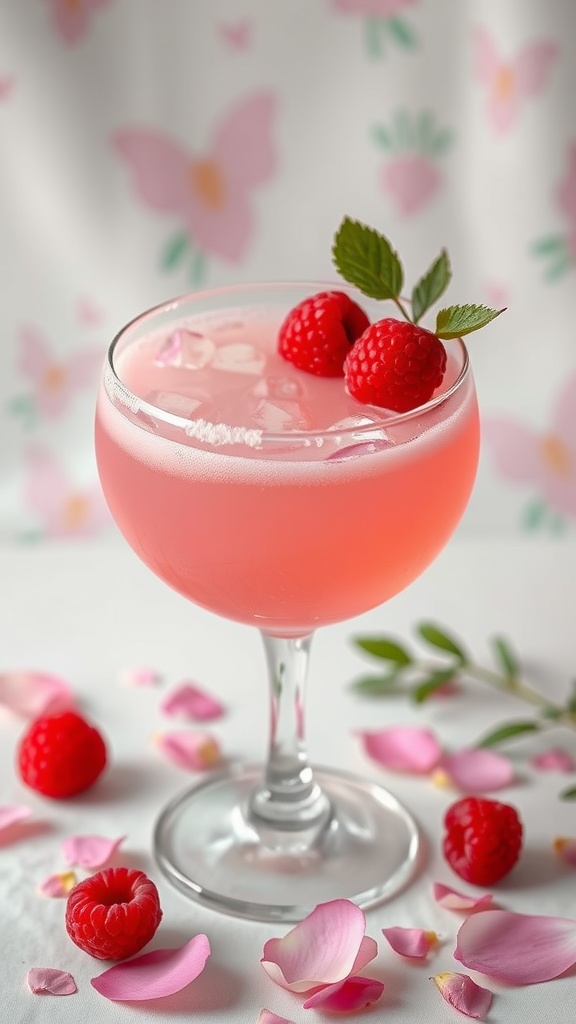 A refreshing Roseberry Bliss Mocktail served in a stylish glass with garnishes.