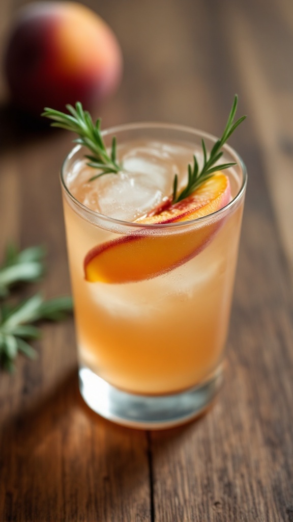 A glass of Rosemary Peach Mocktail garnished with a peach slice and rosemary sprig on a wooden table.