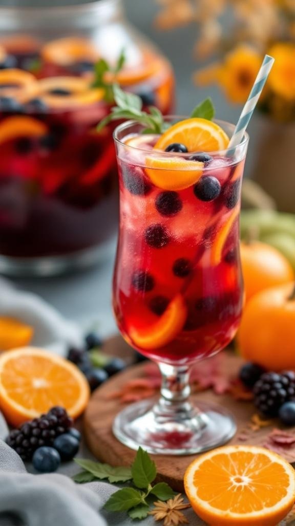 A vibrant Sangria Punch Mocktail garnished with fruits and a straw.