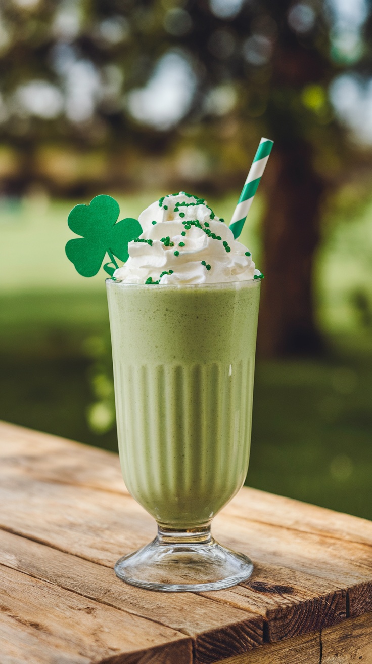 A creamy green Shamrock Shake Mocktail topped with whipped cream and a shamrock decoration.