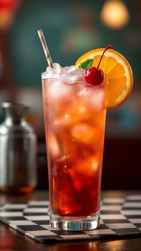 A refreshing Shirley Temple mocktail topped with a cherry and orange slice.