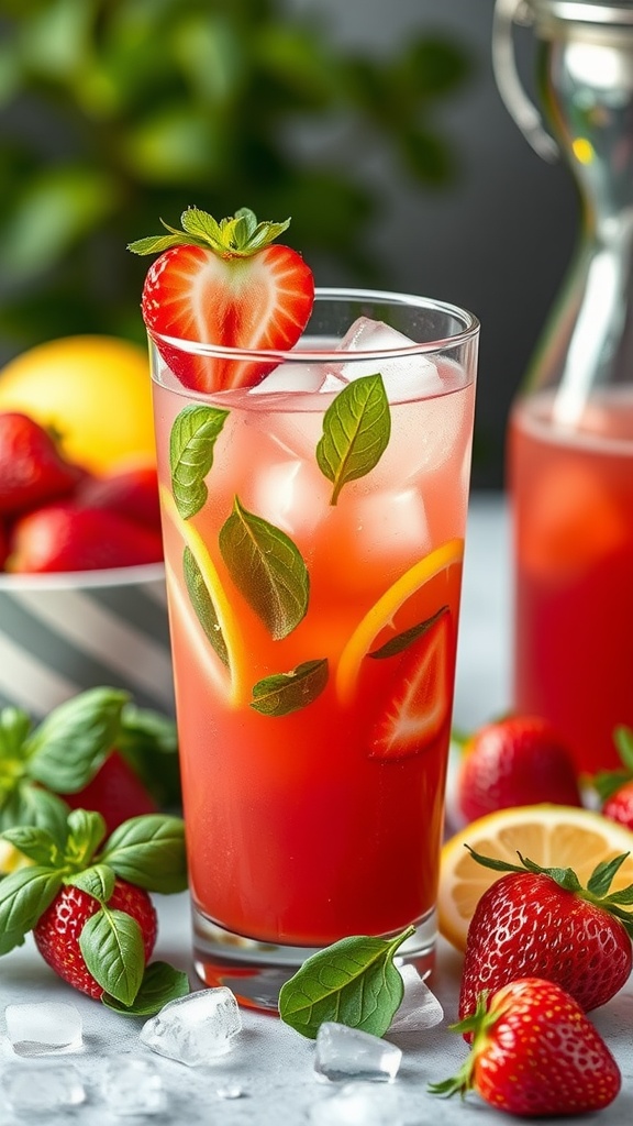 A refreshing strawberry mocktail in a glass with ice, garnished with mint and a strawberry slice.