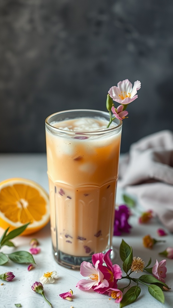 A refreshing mocktail with flowers and a slice of orange, perfect for a birthday celebration.