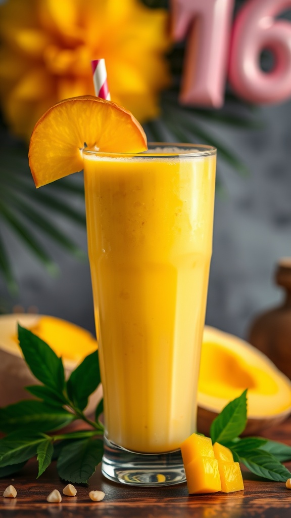 A vibrant mango mocktail with a slice of mango and a straw, perfect for a birthday celebration.