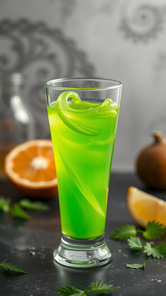 A vibrant green Slime Punch Mocktail in a tall glass, surrounded by orange slices and fresh herbs.