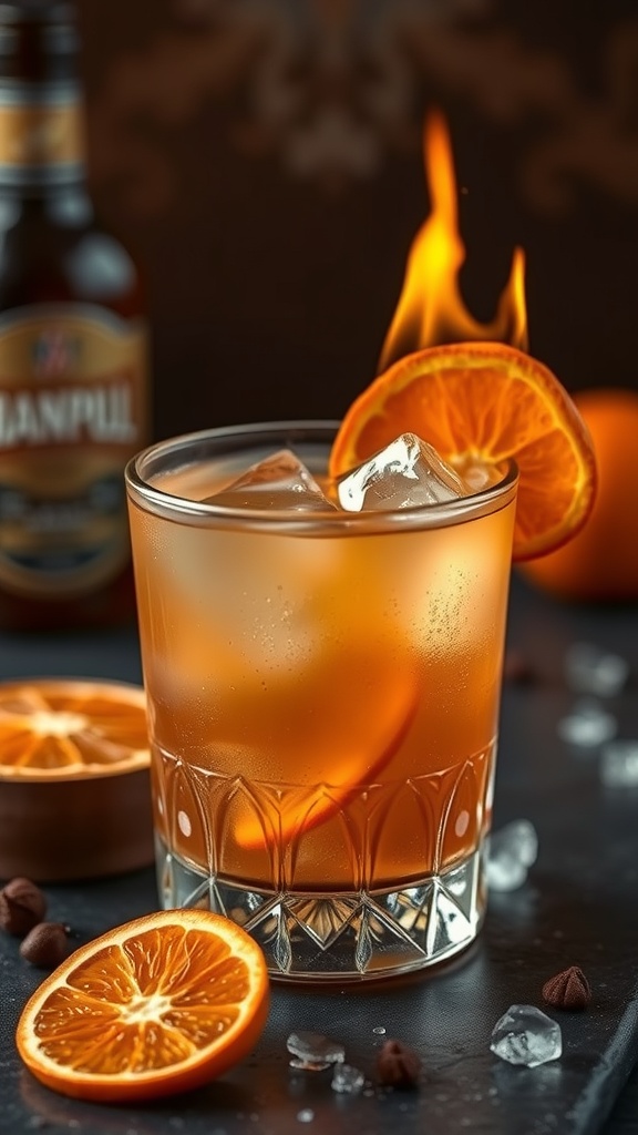 A smoky maple mocktail garnished with an orange slice and ice.