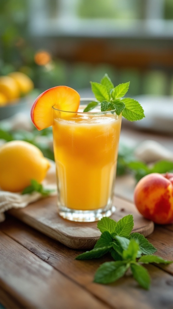 A refreshing Southern Peach Punch Mocktail in a glass, garnished with a peach slice and mint, on a wooden table.