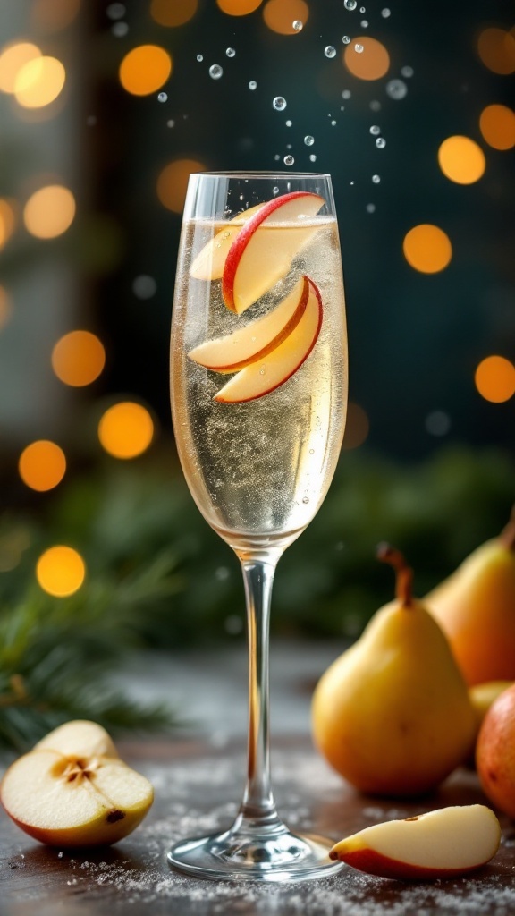 A glass of Sparkling Apple Pear Fizz Juice with apple slices and pears around it.