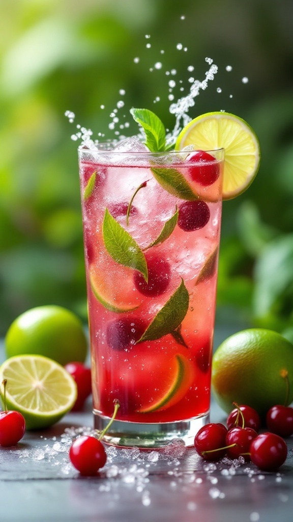 A vibrant Sparkling Cherry Limeade Mocktail with fresh cherries and lime.