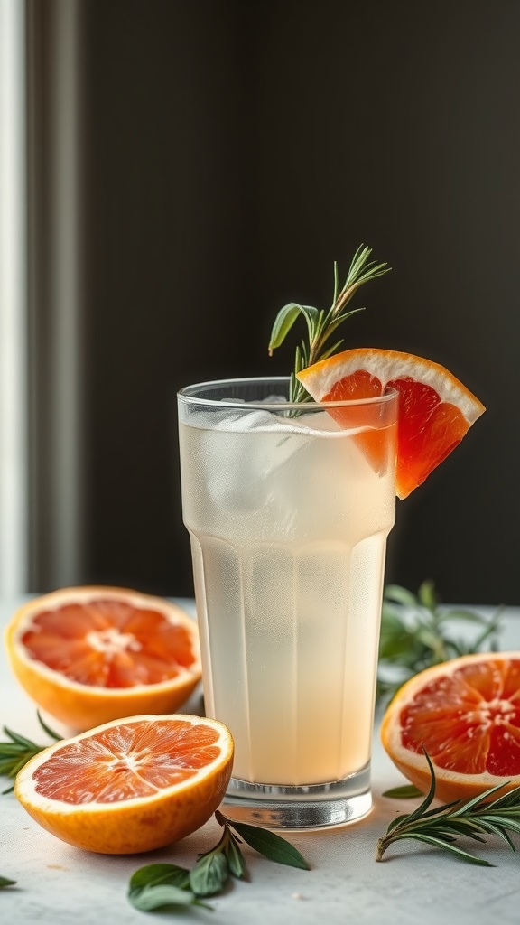 A refreshing Sparkling Grapefruit Cooler mocktail in a glass, garnished with a grapefruit slice and rosemary, surrounded by halved grapefruits.