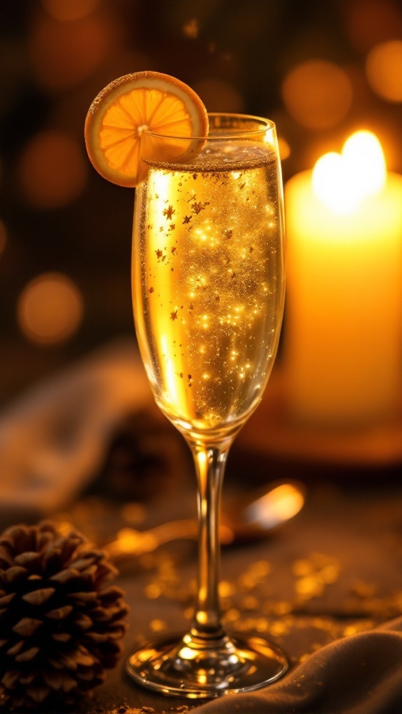 A sparkling drink in a champagne flute with a slice of lemon and warm candlelight in the background