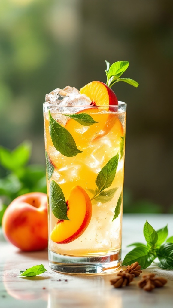 A refreshing sparkling peach basil mocktail garnished with fresh basil and peach slices.