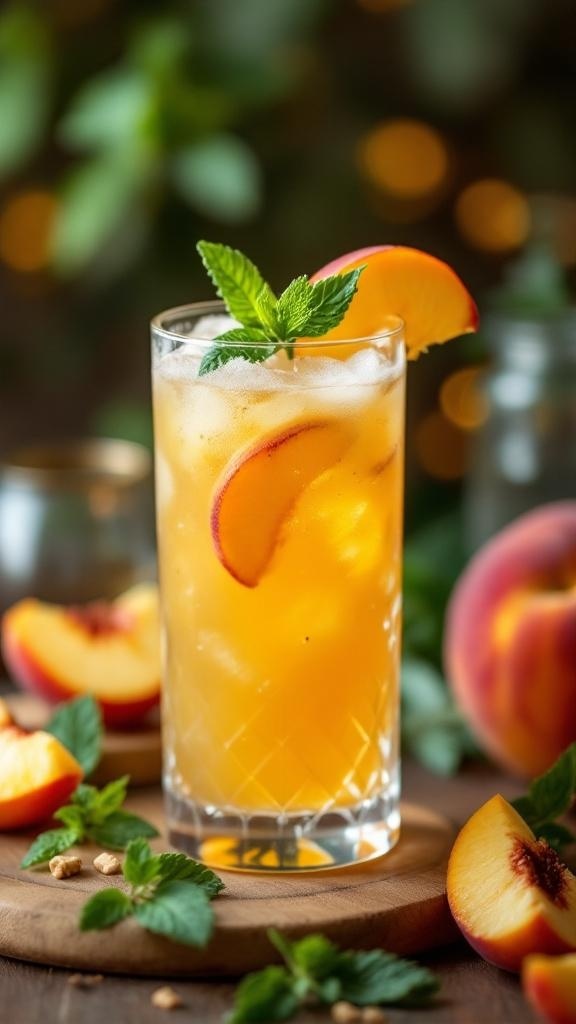 A refreshing Sparkling Peach Punch Mocktail garnished with mint leaves and slices of peach.