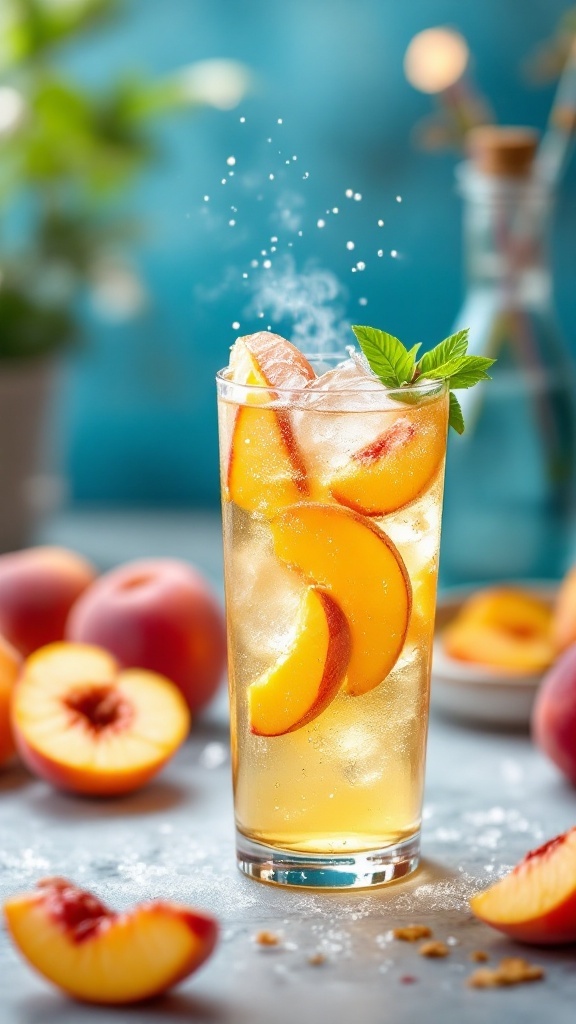 Sparkling Peach Tea Mocktail with fresh peaches and mint