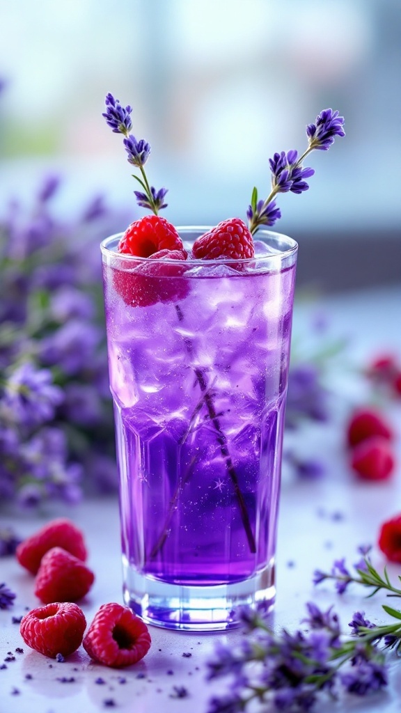 A colorful Sparkling Raspberry Lavender Mocktail garnished with raspberries and lavender flowers.