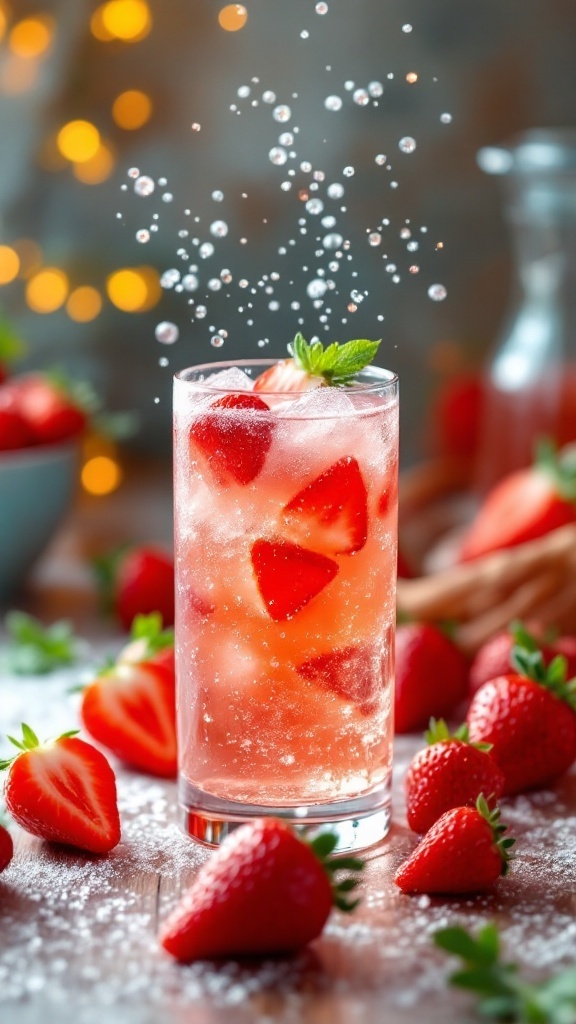 A colorful Sparkling Strawberry Mocktail garnished with fresh strawberries and mint.