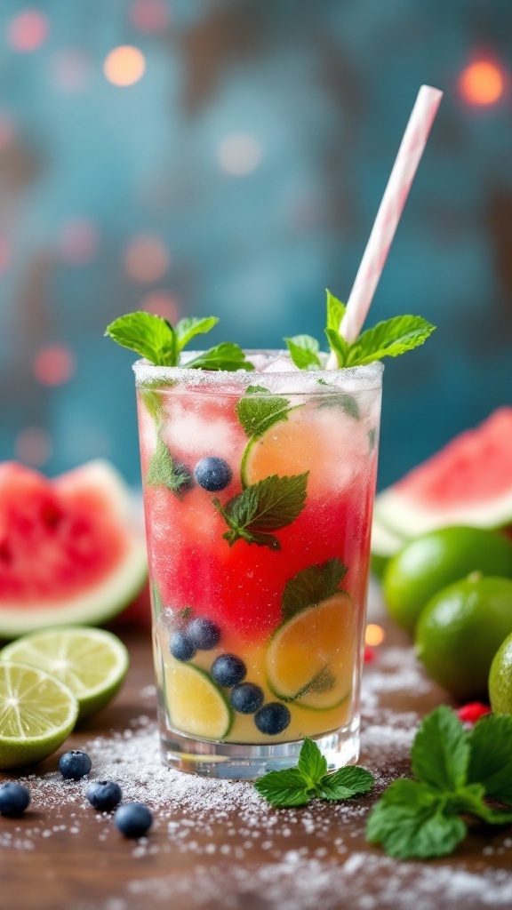 A vibrant sparkling watermelon punch mocktail garnished with mint leaves and lime.