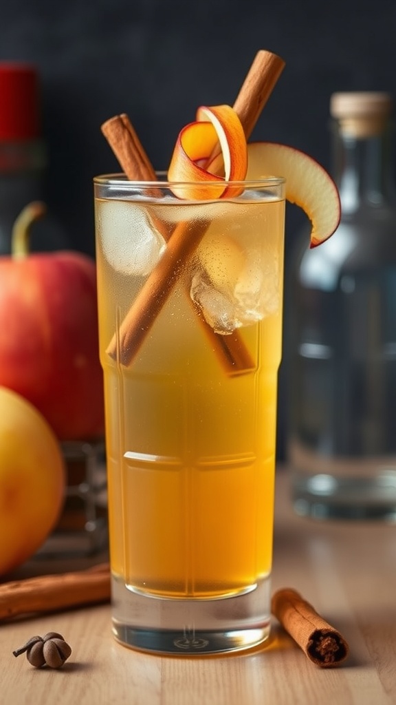 A refreshing Spiced Apple Highball Mocktail garnished with cinnamon sticks and apple slices.