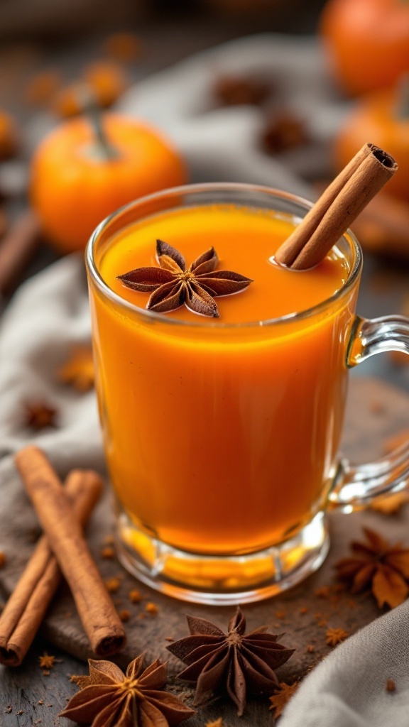 A warm spiced apple pear elixir juice garnished with star anise and cinnamon sticks.