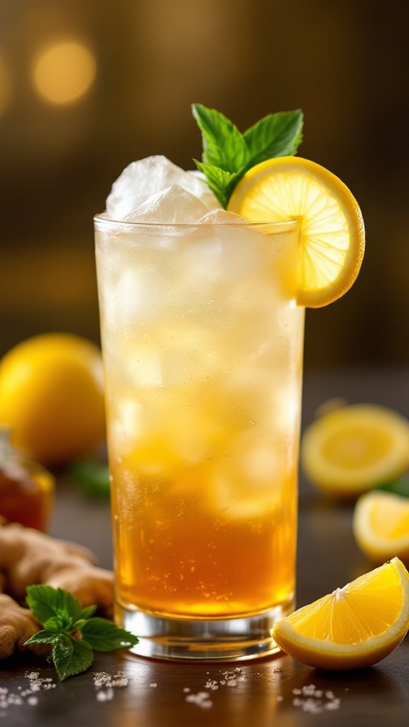 A refreshing spiced ginger lemonade mocktail in a glass with ice, garnished with lemon and mint.