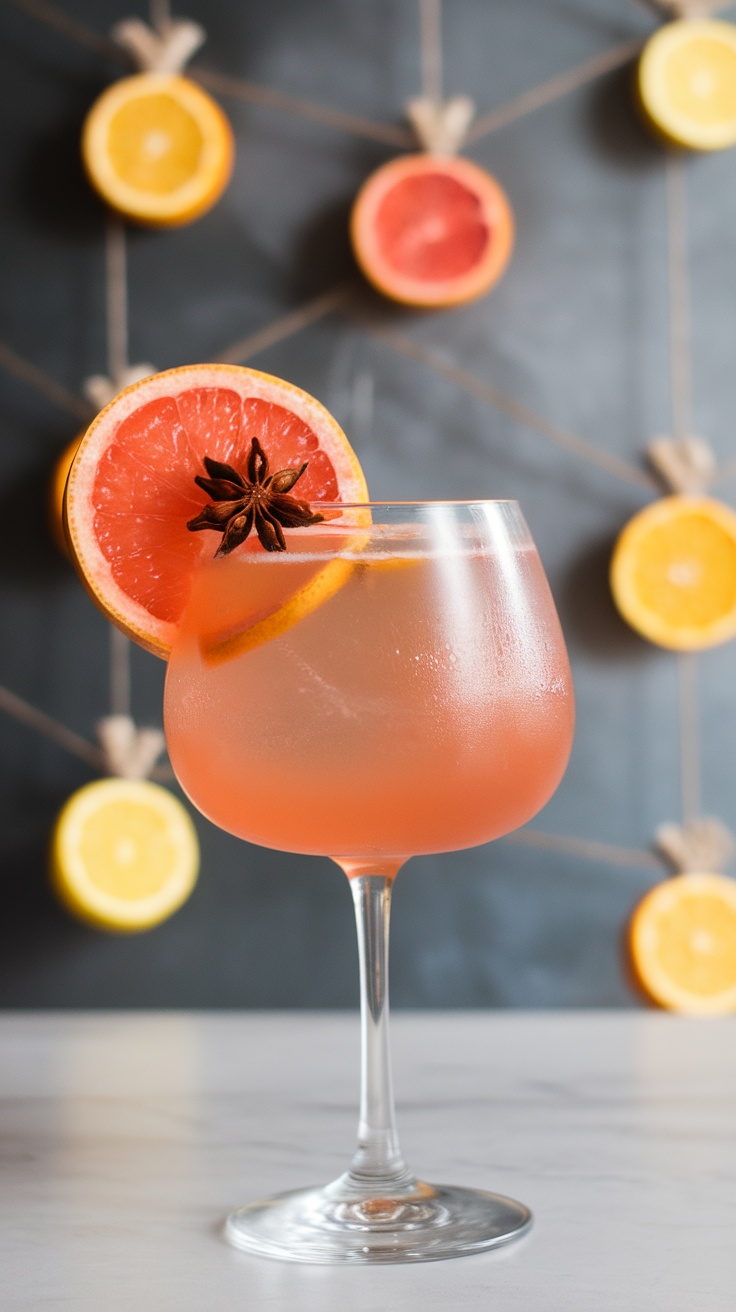 A refreshing Spiced Grapefruit Spritz Mocktail garnished with grapefruit slices and star anise.