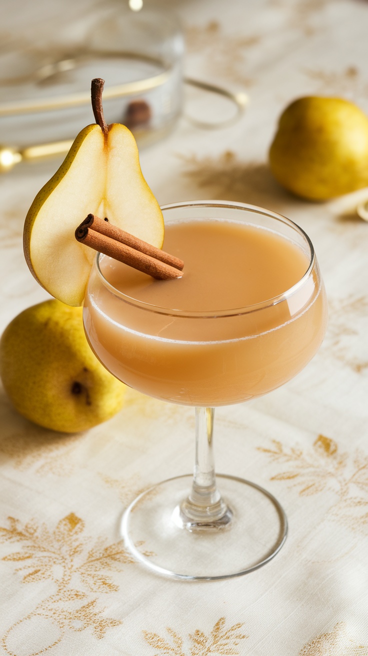 A glass of spiced pear nog garnished with a slice of pear and a cinnamon stick, surrounded by fresh pears on a festive table.