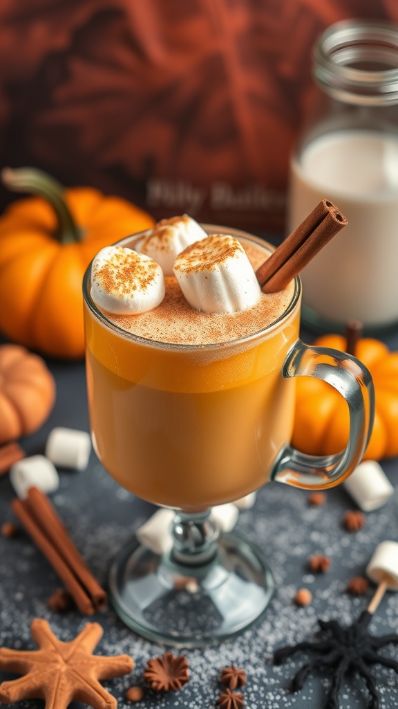 A spiced pumpkin mocktail topped with marshmallows and cinnamon sticks, surrounded by pumpkins and spices.