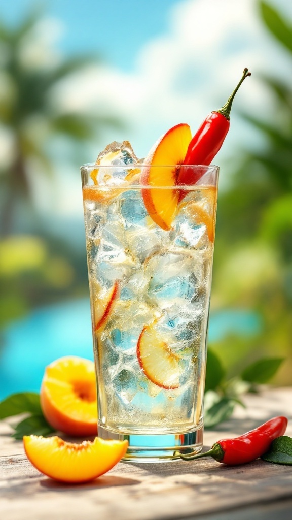 A refreshing spicy peach punch mocktail in a glass with ice, peach slices, and a red chili on top.