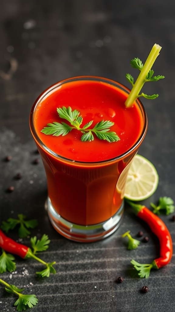 A vibrant Spicy Tomato Mocktail garnished with cilantro and a lime slice.