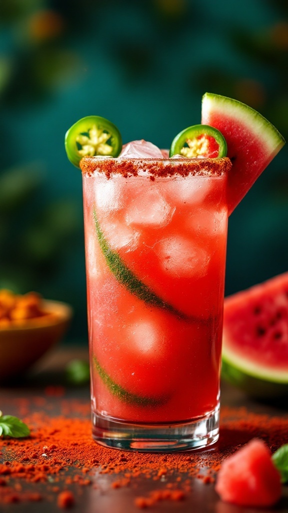 A refreshing Spicy Watermelon Refresher Mocktail garnished with jalapeños and watermelon.