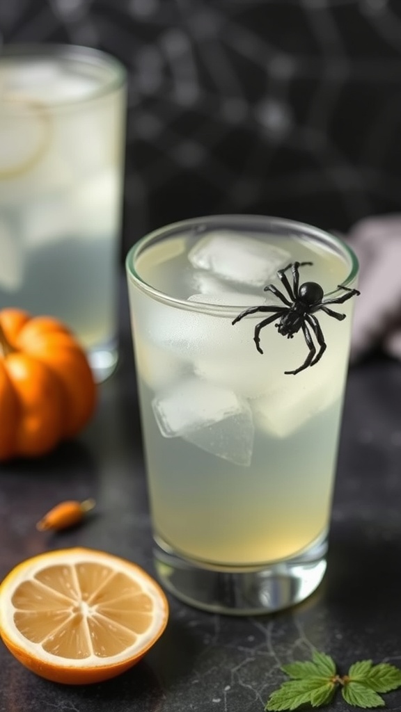 A Spider's Web Mocktail with a plastic spider on top, surrounded by pumpkins and lemon.