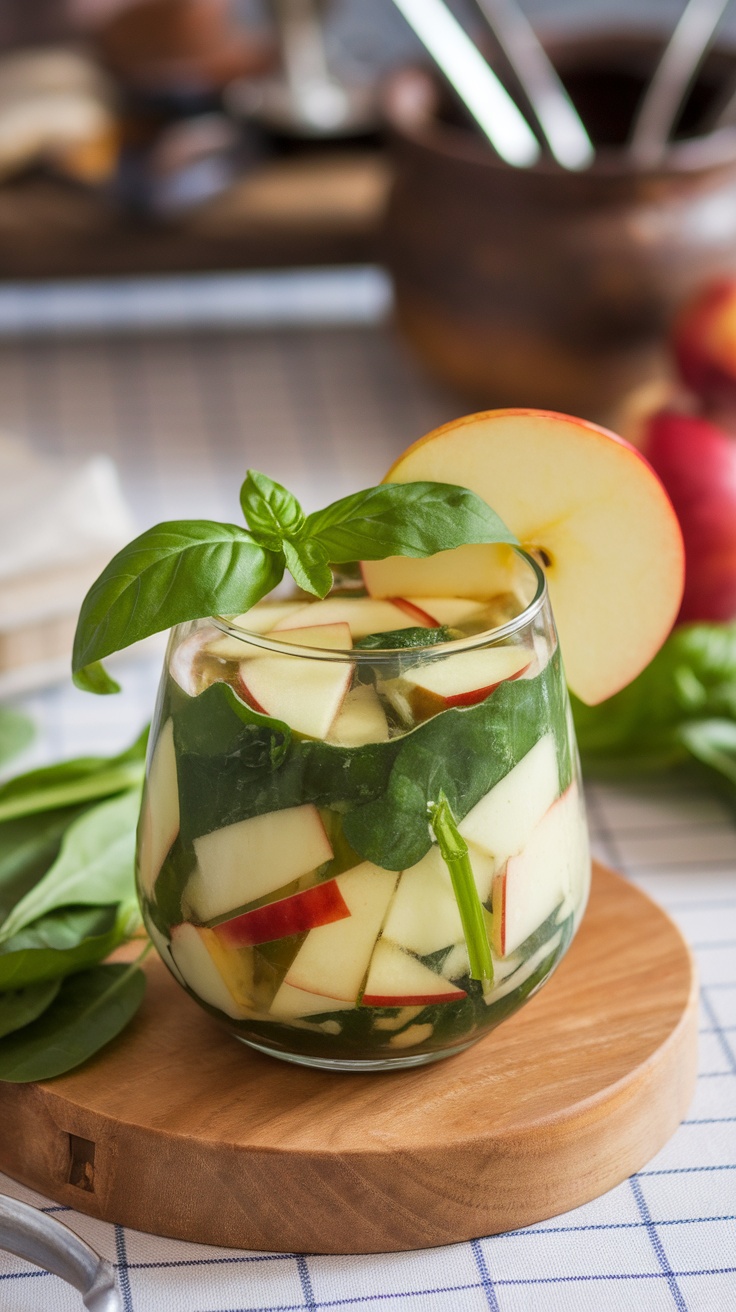 A glass of Spinach-Apple Basil Infusion Juice with apple slices and basil leaves on top.