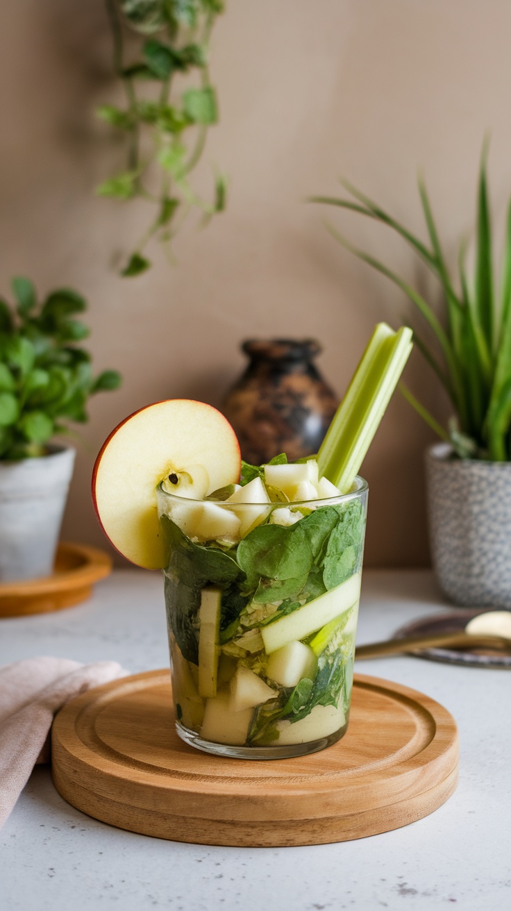 A glass of Spinach-Celery Apple Zest Juice with slices of apple and celery sticks