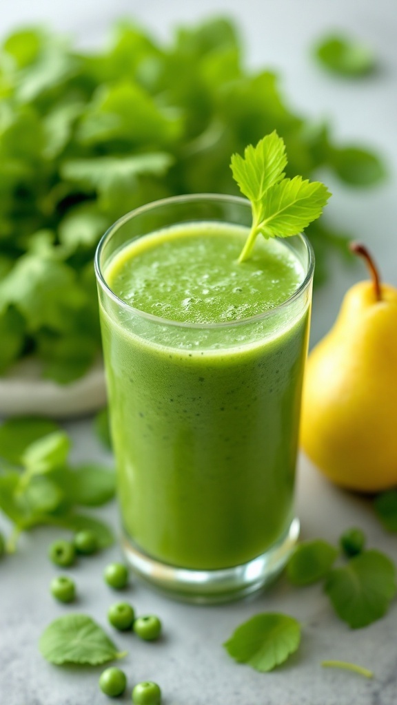 A green juice with spinach, celery, and pear ingredients