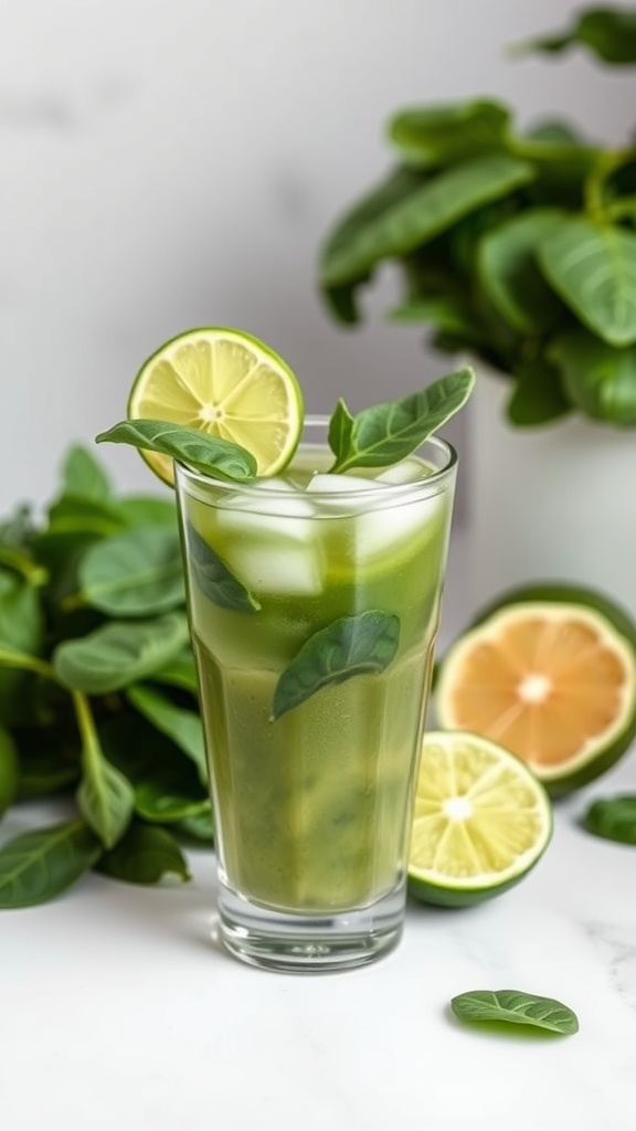 A refreshing spinach-lime juice in a tall glass garnished with lime slices and fresh spinach leaves.