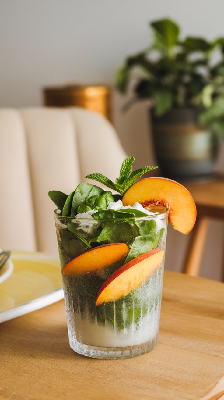 A glass of Spinach-Peach Harmony Juice garnished with peach slices and mint leaves.